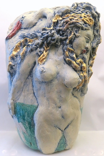 "Janus Swan Maiden" Ceramic, 23"H x 15"W x10"D by artist Judith Unger. See her feature at www.ArtsyShark.com