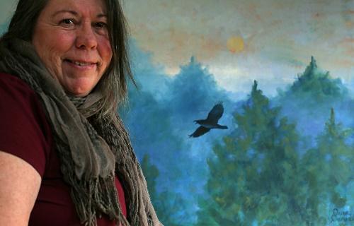 Artist Dara Daniel in front “Ravens in Flight” Oil on Canvas, 45” x 30”by artist Dara Daniels. See her portfolio by visiting www.ArtsyShark.com 