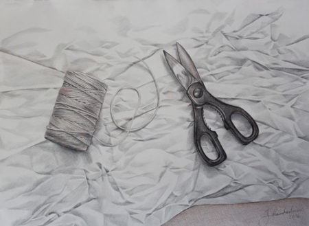 “Scissors & Twine” Colored Pencil on Bristol Paper, 24" x 18" by artist Joan Chamberlain. See her portfolio by visiting www.ArtsyShark.com