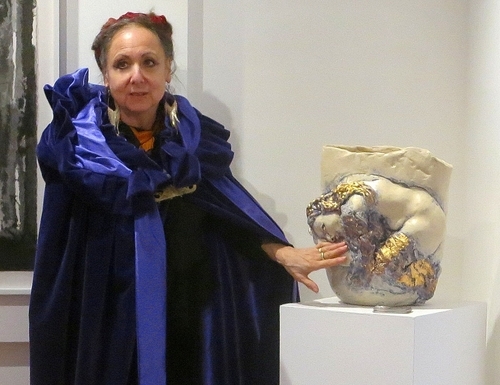 Judith Unger with "Metamorphosis of Dolce", Ceramic, 17"H x 13"W x7"D at Catamount Arts Opening, St Johnsbury, Vermont