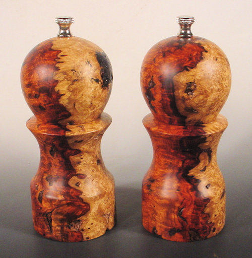 Amboyna Salt and Pepper Mills, 6 1/4” tall x 2 7/8” wide by Bryan Nelson. See his article at www.ArtsyShark.com