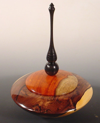 Lidded vessel made from Cocuswood, Narra, Gabony Ebony and Pink Ivory, 4 3/4" wide, 6 1/4" high, by Bryan Nelson. See his artist feature at www.ArtsyShark.com