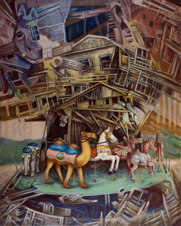 “Merry Go” Acrylic and Oil on Masonite Panel, 32” x 40”by artist Cory Sewelson. See his portfolio by visiting www.ArtsyShark.com