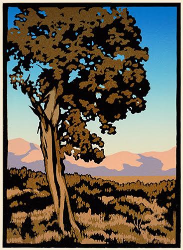 "High Desert Juniper" linoleum block print by Laura Wilder. See her feature at www.ArtsyShark.com