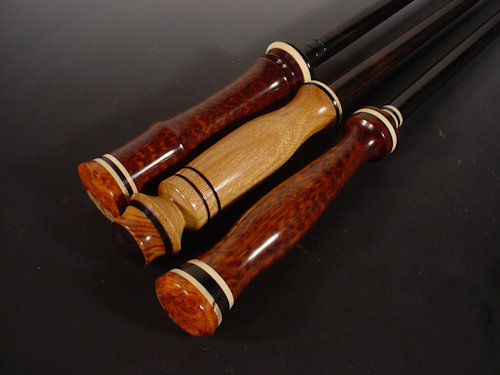 Wands made from Exotic Woods - Snakewood, Holly, Amboyna Burl, Canarywood, Tulipwood, Gabon Ebony, 1 1/4” at its widest x 13” long by Bryan Nelson.See his artist feature at www.ArtsyShark.com