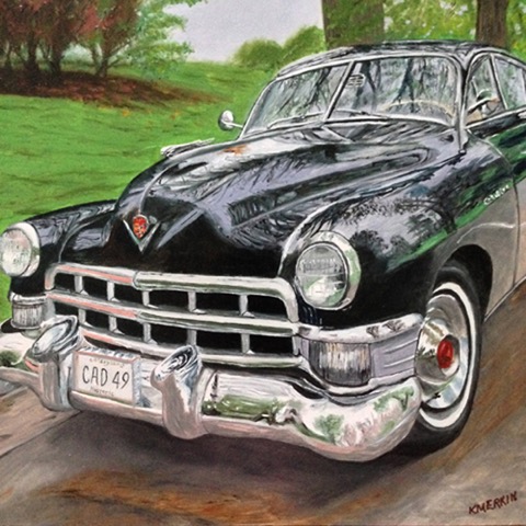 “49 Caddy” Oil on Board, 12” x 12” by artist Karen Merkin. See her portfolio by visiting www.ArtsyShark.com