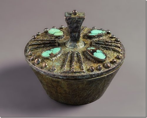 Antique Green Bowl, bronze with four turquoise stones, 5 1/2”H x 4 3/4” W by artist Jim Harman. See his feature at www.ArtsyShark.com