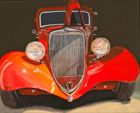 “Hot Roddin’” Oil on Board, 20” x 20” by artist Karen Merkin. See her portfolio by visiting www.ArtsyShark.com