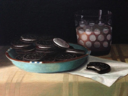 “Milk And Cookies” Oil on Linen, 14” x 14” by artist Karen Merkin. See her portfolio by visiting www.ArtsyShark.com