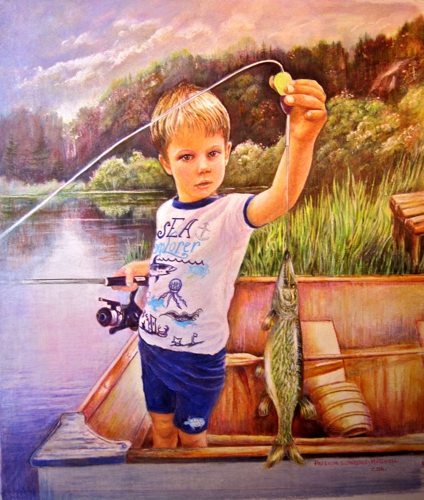 "Zach's Big Catch" commissioned portrait by Patricia Mitchell.