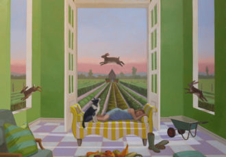"Rabbit Summer" Oil on Linen, 48" x 48" by artist Kathryn Freeman. See her portfolio by visiting www.ArtsyShark.com