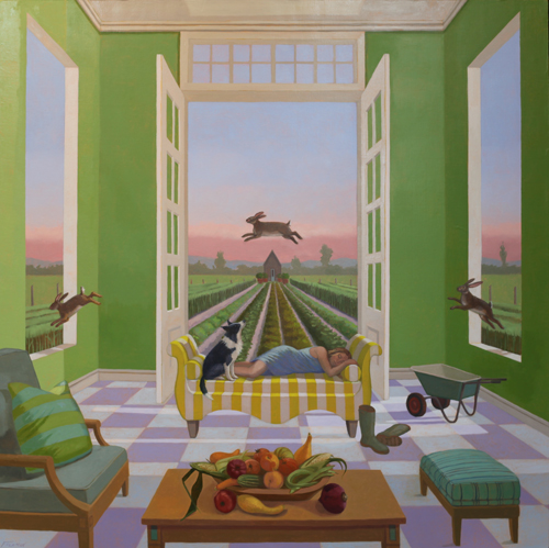 "Rabbit Summer" Oil on Linen, 48" x 48" by artist Kathryn Freeman. See her portfolio by visiting www.ArtsyShark.com