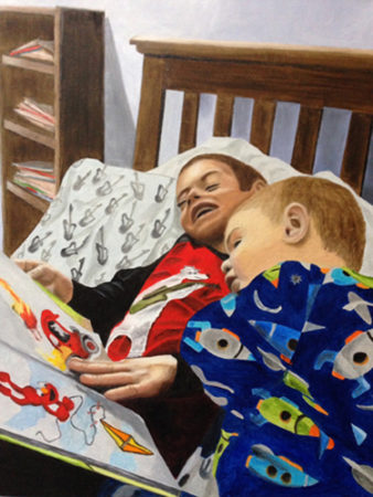 “Storytime” Oil on Canvas, 16” x 16” by artist Karen Merkin. See her portfolio by visiting www.ArtsyShark.com