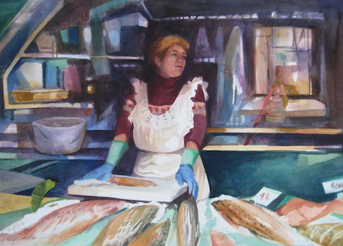 “Fishmonger” Watercolor, 22” x 16” by artist Cindy Sacks. See her portfolio by visiting www.ArtsyShark.com