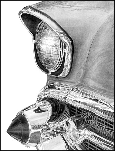 ‘’57 Chevy Headlight” Pencil, 14” x 11” by artist James Becker. See his portfolio by visiting www.ArtsyShark.com
