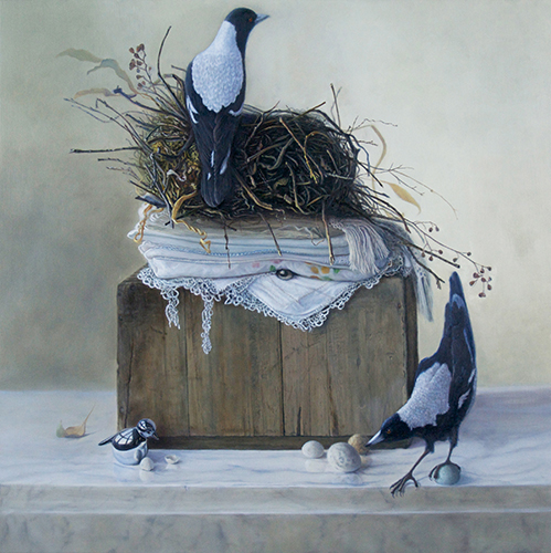 "Imposter" Oil on Panel, 24" x 22" by artist Linda Schroeter. See her portfolio by visiting www.ArtsyShark.com