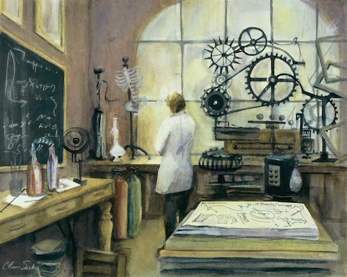 “Invention IV” Watercolor, 30” x 22” by artist Cindy Sacks. See her portfolio by visiting www.ArtsyShark.com