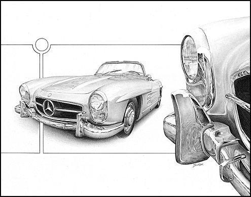 “1957 300SL Roadster” Pencil, 14” x 11” by artist James Becker. See his portfolio by visiting www.ArtsyShark.com