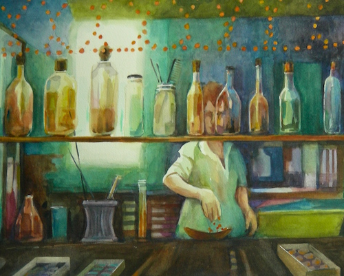 “Potions” Watercolor, 22” x 16” by artist Cindy Sacks. See her portfolio by visiting www.ArtsyShark.com