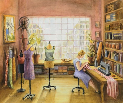 “Seamstress” Watercolor, 28” x 22” by artist Cindy Sacks. See her portfolio by visiting www.ArtsyShark.com