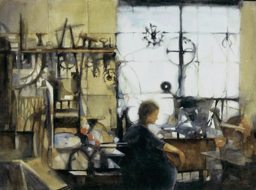 “Workshop” Watercolor, 30" x 22” by artist Cindy Sacks. See her portfolio by visiting www.ArtsyShark.com