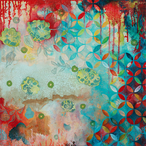 “Counting Myself Lucky” Acrylic and Fabric on Panel, 24" x 24"by artist Heather Robinson. See her portfolio by visiting www.ArtsyShark.com