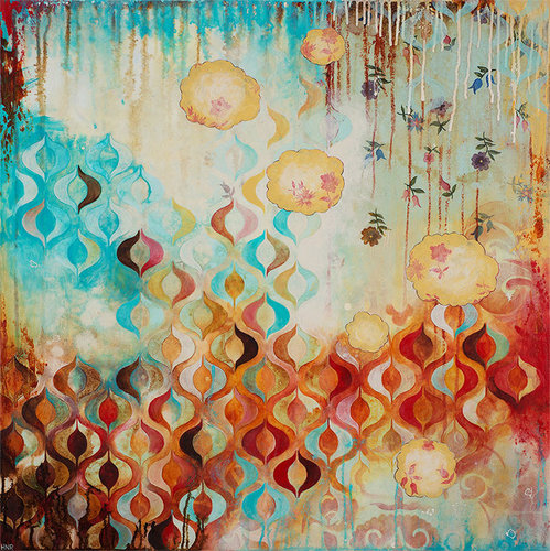 “Ditsy” Acrylic and Fabric on Panel, 30" x 30" by artist Heather Robinson. See her portfolio by visiting www.ArtsyShark.com