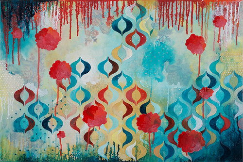“Ebullience” Acrylic and Fabric on Panel, 30" x 20" by artist Heather Robinson. See her portfolio by visiting www.ArtsyShark.com