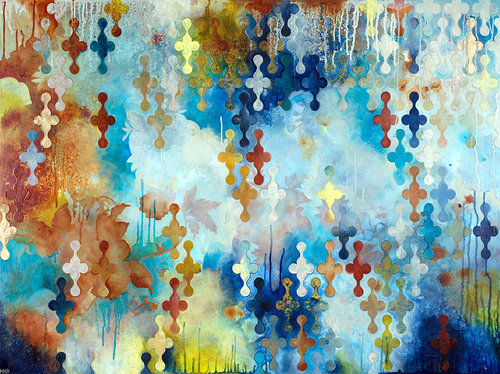 “Strolling Through the Brambles” Acrylic and Fabric on Panel, 48" x 36"by artist Heather Robinson. See her portfolio by visiting www.ArtsyShark.com
