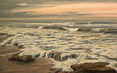 “Waves at Dusk, Crescent Beach” Oil on Linen Mounted on Board, 16” x 10” by artist Jeff Ripple. See his portfolio by visiting www.ArtsyShark.com