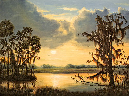 “Sunrise over a Florida Prairie Lake” Oil on Board, 16” x 12” by artist Jeff Ripple. See his portfolio by visiting www.ArtsyShark.com