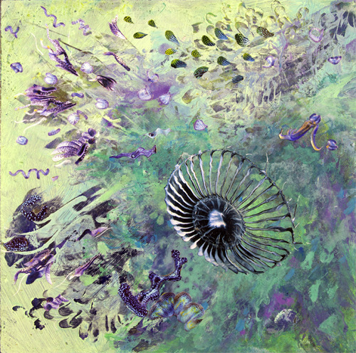 "Microscopia #17" Acrylic and Collage on Panel, 10" x 10" by artist Laura Newmark. See her portfolio by visiting www.ArtsyShark.com