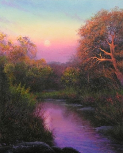 “Moonrise Over Crabapple Creek” Oil on Panel, 16” x 20” by artist Layne Johnson. See his portfolio by visiting www.ArtsyShark.com