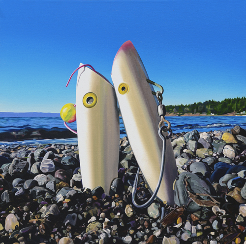 “Hook, Line and Sinker” Oil on Canvas, 24” x 24”by artist Karen Hackenberg. See her portfolio by visiting www.ArtsyShark.com