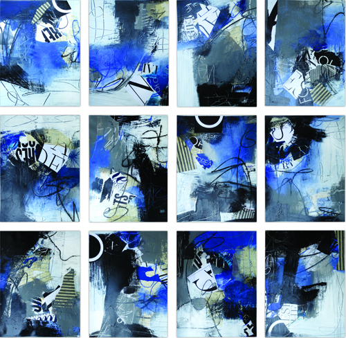 “Graffiti in Blue Series 1-12” Acrylic with Mixed Media on Paper, each piece 9” x 12” by artist Linda Weber. See her portfolio by visiting www.ArtsyShark.com