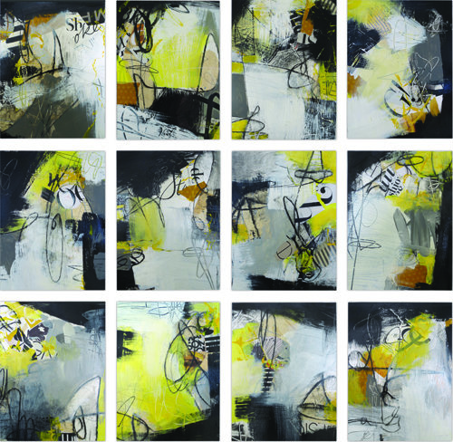 “Graffiti in Yellow Series” Acrylic with Mixed Media on Paper, each piece 9” x 12” by artist Linda Weber. See her portfolio by visiting www.ArtsyShark.com