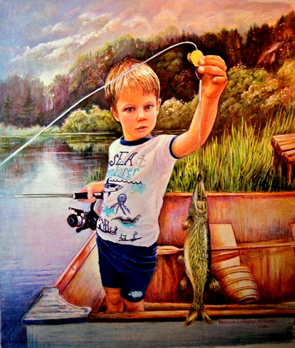 "Zach's Big Catch" Prismacolor pencils, 12" x 16" by artist Patricia Mitchell. See her artist feature at www.ArtsyShark.com