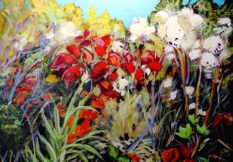 "Red & White", 18" x 24", acrylic on canvas by Joyce Pihl. See her artist feature at www.ArtsyShark.com