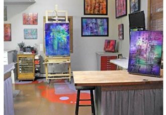 Artist Carol McIntyre's studio. She shares tips to create a fabulous studio on a shoestring at www.ArtsyShark.com