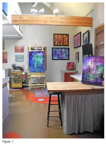 Artist Carol McIntyre's studio. She shares tips to create a fabulous studio on a shoestring at www.ArtsyShark.com