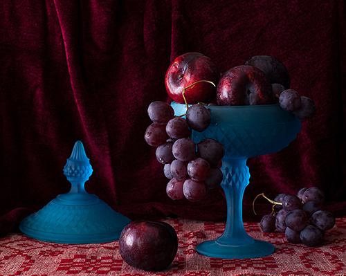 "Blue Vase with Plums and Grapes" Photography, Various Sizes by artist Yelena Strokin. See her portfolio by visiting www.ArtsyShark.com