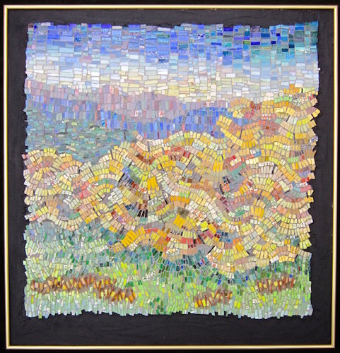“Peach Orchard in the Fall” Mixed Material Mosaic, 25” x 24” by artist Cynthia Fisher. See her portfolio by visiting www.ArtsyShark.com