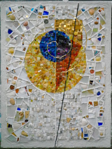 “Squaring the Circle” Mixed Material Mosaic, 21” x 32” by artist Cynthia Fisher. See her portfolio by visiting www.ArtsyShark.com