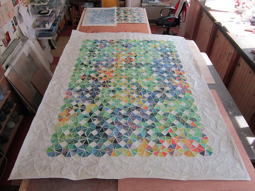 “Kaleidoscope Quilt” Hand Printed Paper Mosaic, 75” x 105” by artist Cynthia Fisher. See her portfolio by visiting www.ArtsyShark.com