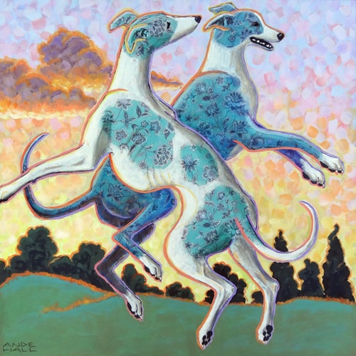 "Jumping for Joy" Acrylic on Fabric on Cradled Panel, 35" x 35" by artist Ande Hall. See her portfolio by visiting www.ArtsyShark.com