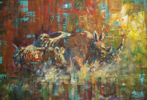Kip Kavallares - "Rhinos Running" Acrylic, 90cm x 60cm