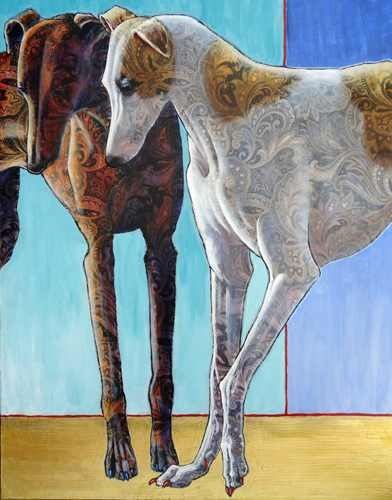 "Paisley Paws de Deux" Acrylic on Fabric on Cradled Panel, 30" x 40"by artist Ande Hall. See her portfolio by visiting www.ArtsyShark.com