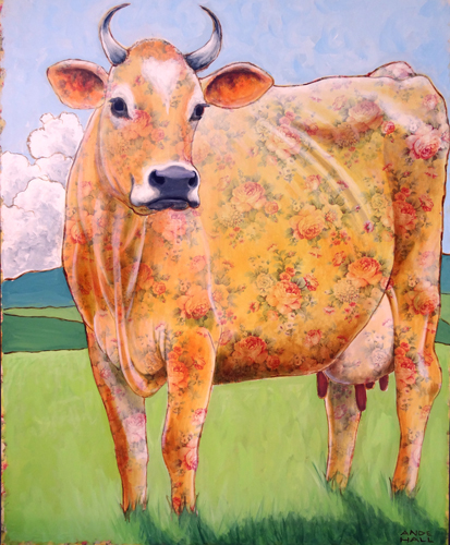 "Rosy the Jersey" Acrylic on Fabric on Cradled Panel, 36" x 48"by artist Ande Hall. See her portfolio by visiting www.ArtsyShark.com 