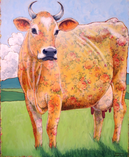 "Rosy the Jersey" Acrylic on Fabric on Cradled Panel, 36" x 48"by artist Ande Hall. See her portfolio by visiting www.ArtsyShark.com