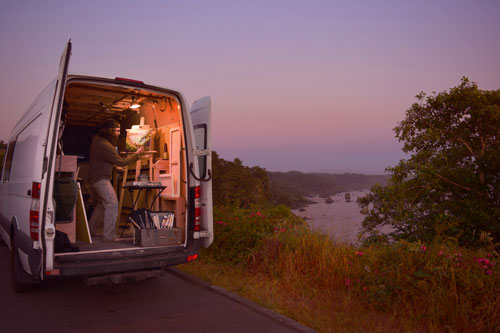 Artist Matt Beard in his Mobile Studio - '08 Dodge Sprinter, 10' deep, 5' wide, 6'4" tall. See his portfolio by visiting www.ArtsyShark.com